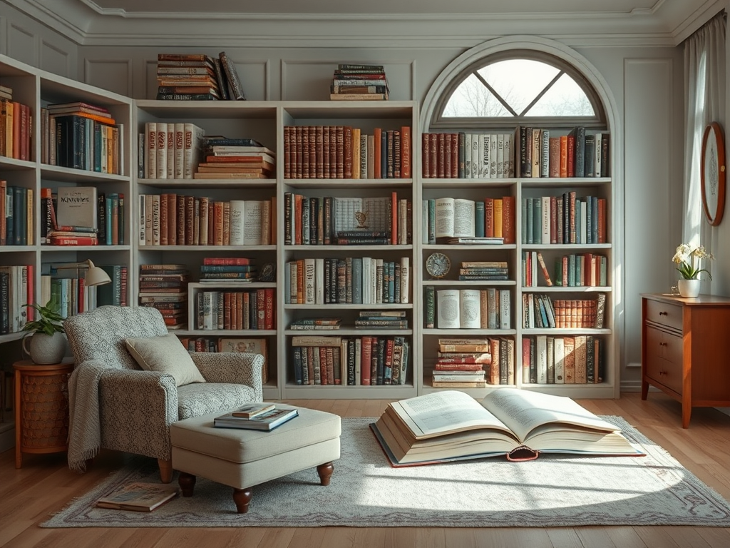Уютная библиотека с полками книг, креслом, небольшим столиком и светом, проникающим через окно.